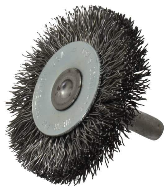 Osborn - 2" OD, 1/4" Shank Diam, Crimped Steel Wheel Brush - 3/8" Face Width, 7/16" Trim Length, 0.014" Filament Diam, 25,000 RPM - Industrial Tool & Supply