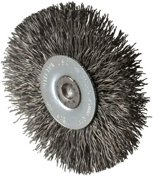 Osborn - 2-1/2" OD, 1/4" Shank Diam, Crimped Steel Wheel Brush - 7/16" Face Width, 11/16" Trim Length, 0.014" Filament Diam, 25,000 RPM - Industrial Tool & Supply