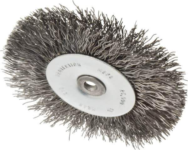 Osborn - 3" OD, 1/4" Shank Diam, Crimped Steel Wheel Brush - 7/16" Face Width, 3/4" Trim Length, 0.014" Filament Diam, 25,000 RPM - Industrial Tool & Supply