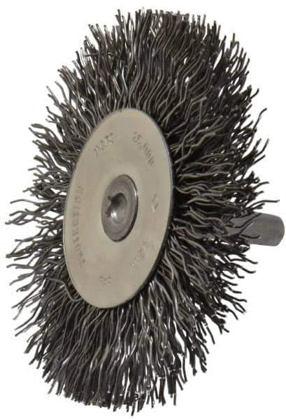 Osborn - 3" OD, 1/4" Shank Diam, Crimped Steel Wheel Brush - 7/16" Face Width, 3/4" Trim Length, 0.02" Filament Diam, 25,000 RPM - Industrial Tool & Supply