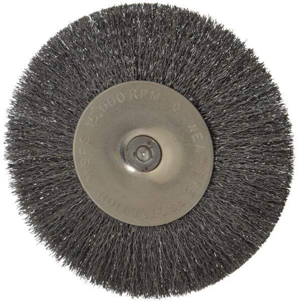 Osborn - 4" OD, 1/4" Shank Diam, Crimped Steel Wheel Brush - 1/2" Face Width, 1" Trim Length, 0.008" Filament Diam, 15,000 RPM - Industrial Tool & Supply