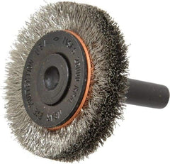 Osborn - 1-1/2" OD, 1/4" Shank Diam, Crimped Stainless Steel Wheel Brush - 3/8" Face Width, 9/32" Trim Length, 0.006" Filament Diam, 25,000 RPM - Industrial Tool & Supply