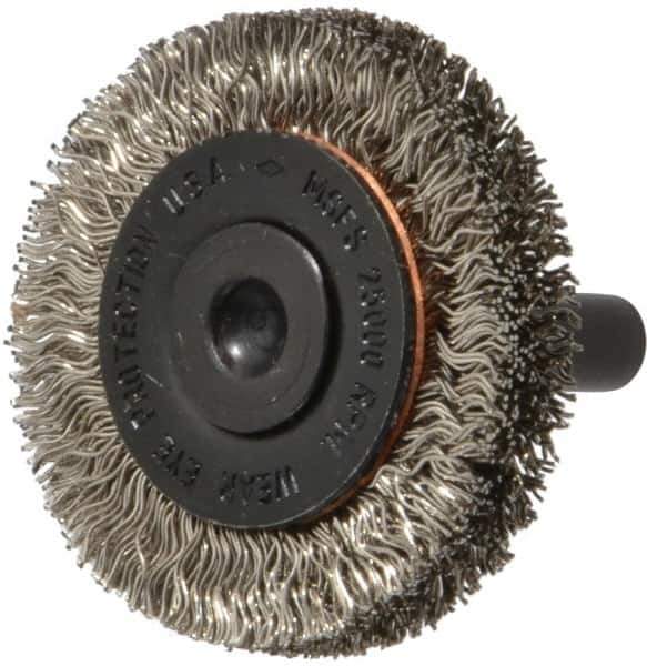 Osborn - 1-1/2" OD, 1/4" Shank Diam, Crimped Stainless Steel Wheel Brush - 3/8" Face Width, 9/32" Trim Length, 0.012" Filament Diam, 25,000 RPM - Industrial Tool & Supply
