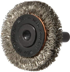 Osborn - 1-1/2" OD, 1/4" Shank Diam, Crimped Stainless Steel Wheel Brush - 3/8" Face Width, 9/32" Trim Length, 0.012" Filament Diam, 25,000 RPM - Industrial Tool & Supply