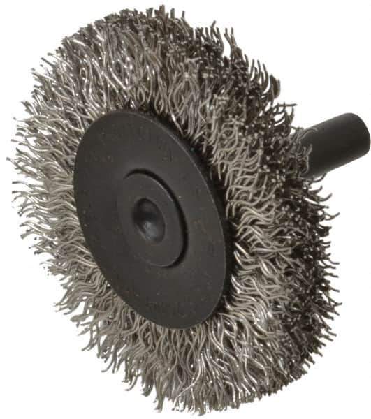 Osborn - 2" OD, 1/4" Shank Diam, Crimped Stainless Steel Wheel Brush - 3/8" Face Width, 7/16" Trim Length, 0.014" Filament Diam, 25,000 RPM - Industrial Tool & Supply