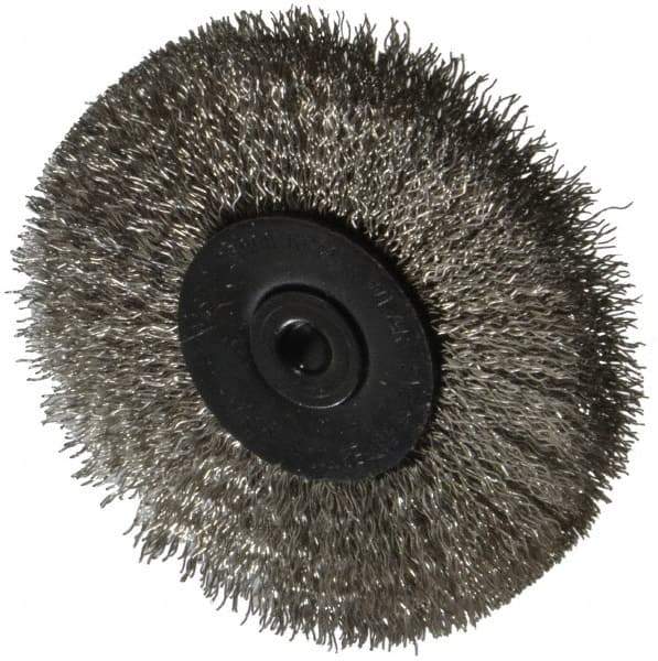 Osborn - 2-1/2" OD, 1/4" Shank Diam, Crimped Stainless Steel Wheel Brush - 7/16" Face Width, 11/16" Trim Length, 0.008" Filament Diam, 25,000 RPM - Industrial Tool & Supply