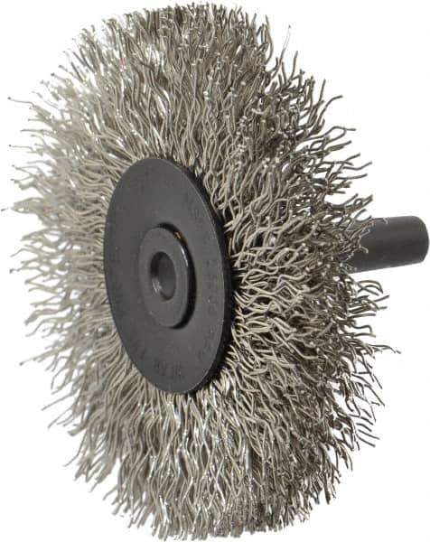 Osborn - 2-1/2" OD, 1/4" Shank Diam, Crimped Stainless Steel Wheel Brush - 7/16" Face Width, 11/16" Trim Length, 0.014" Filament Diam, 25,000 RPM - Industrial Tool & Supply