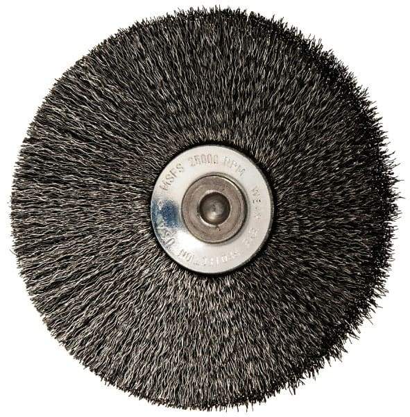 Osborn - 3" OD, 1/4" Shank Diam, Crimped Steel Wheel Brush - 7/16" Face Width, 15/16" Trim Length, 0.006" Filament Diam, 20,000 RPM - Industrial Tool & Supply