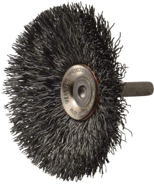 Osborn - 3" OD, 1/4" Shank Diam, Crimped Steel Wheel Brush - 7/16" Face Width, 15/16" Trim Length, 0.014" Filament Diam, 20,000 RPM - Industrial Tool & Supply
