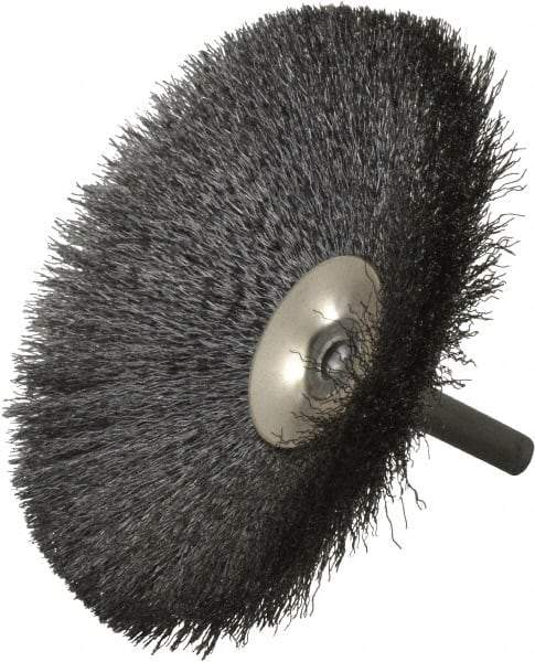 Osborn - 4" OD, 1/4" Shank Diam, Crimped Steel Wheel Brush - 1/2" Face Width, 1-7/16" Trim Length, 0.006" Filament Diam, 15,000 RPM - Industrial Tool & Supply