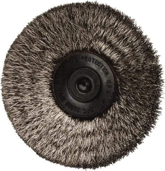 Osborn - 2-1/2" OD, 1/4" Shank Diam, Crimped Stainless Steel Wheel Brush - 7/16" Face Width, 11/16" Trim Length, 0.006" Filament Diam, 20,000 RPM - Industrial Tool & Supply