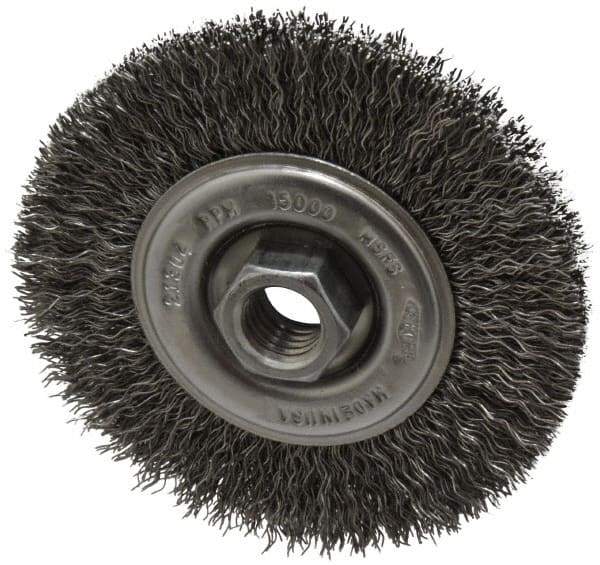 Osborn - 4" OD, 5/8-11 Arbor Hole, Crimped Steel Wheel Brush - 1/2" Face Width, 0.014" Filament Diam, 15,000 RPM - Industrial Tool & Supply
