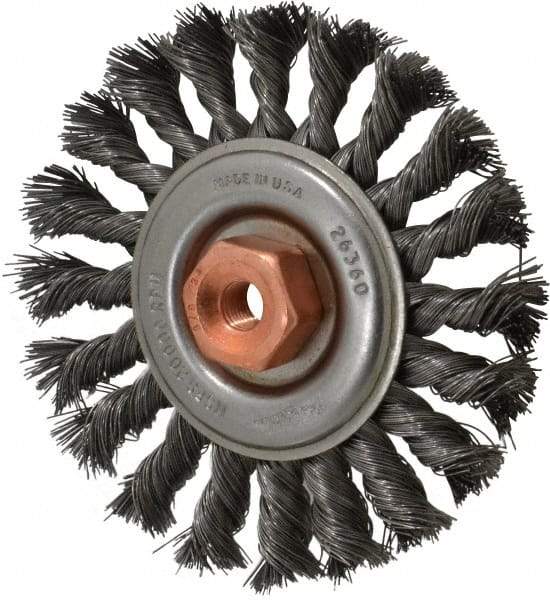 Osborn - 4" OD, 3/8-24 Arbor Hole, Knotted Steel Wheel Brush - 3/8" Face Width, 7/8" Trim Length, 0.014" Filament Diam, 20,000 RPM - Industrial Tool & Supply
