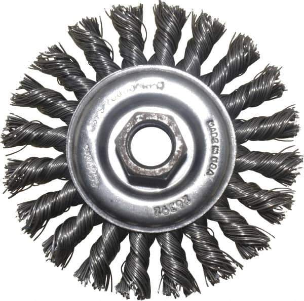 Osborn - 4" OD, 5/8-11 Arbor Hole, Knotted Steel Wheel Brush - 3/8" Face Width, 7/8" Trim Length, 0.02" Filament Diam, 20,000 RPM - Industrial Tool & Supply