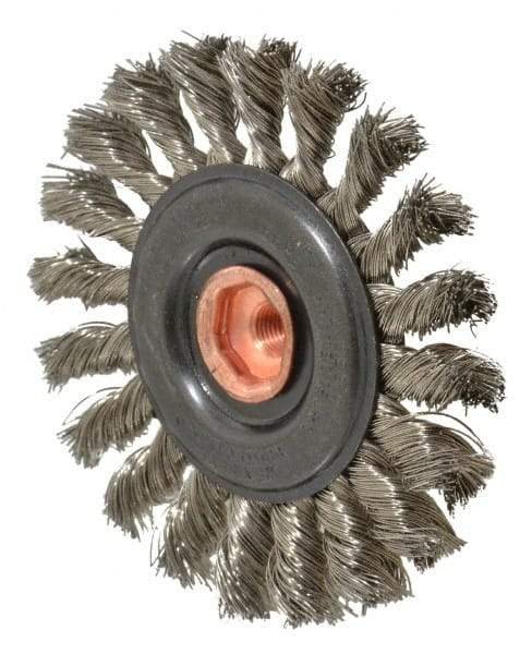 Osborn - 4" OD, 3/8-24 Arbor Hole, Knotted Stainless Steel Wheel Brush - 3/8" Face Width, 7/8" Trim Length, 0.014" Filament Diam, 20,000 RPM - Industrial Tool & Supply
