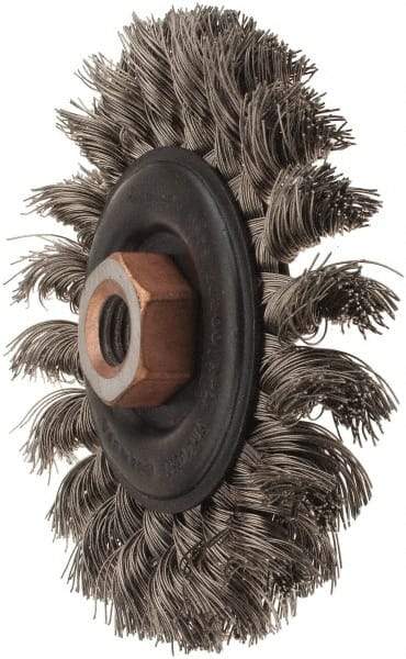 Osborn - 4" OD, 1/2-13 Arbor Hole, Knotted Stainless Steel Wheel Brush - 3/8" Face Width, 7/8" Trim Length, 0.014" Filament Diam, 20,000 RPM - Industrial Tool & Supply