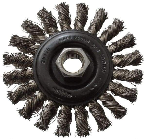 Osborn - 4" OD, 5/8-11 Arbor Hole, Knotted Stainless Steel Wheel Brush - 3/8" Face Width, 7/8" Trim Length, 0.014" Filament Diam, 20,000 RPM - Industrial Tool & Supply