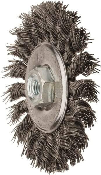 Osborn - 4" OD, M10x1.50 Arbor Hole, Knotted Stainless Steel Wheel Brush - 3/8" Face Width, 7/8" Trim Length, 0.02" Filament Diam, 20,000 RPM - Industrial Tool & Supply
