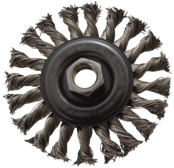 Osborn - 4" OD, 5/8-11 Arbor Hole, Knotted Stainless Steel Wheel Brush - 3/8" Face Width, 7/8" Trim Length, 0.02" Filament Diam, 20,000 RPM - Industrial Tool & Supply