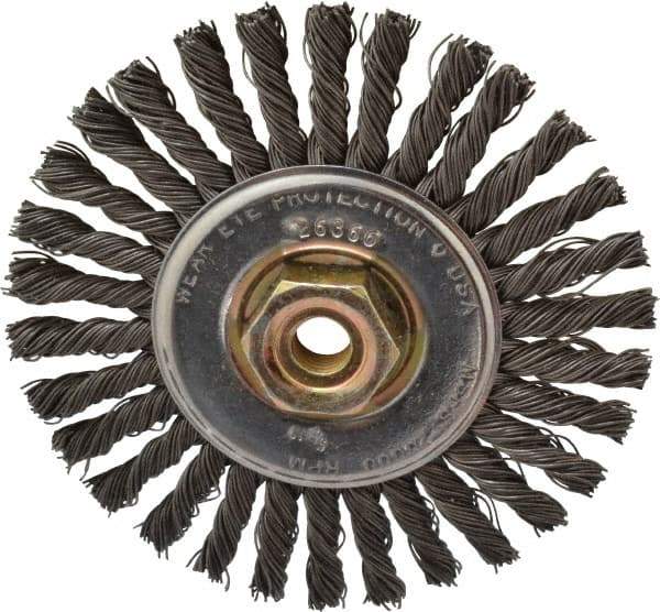 Osborn - 4" OD, M10x1.25 Arbor Hole, Knotted Steel Wheel Brush - 1/4" Face Width, 7/8" Trim Length, 0.02" Filament Diam, 20,000 RPM - Industrial Tool & Supply