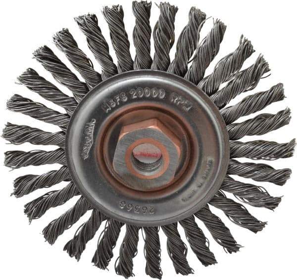 Osborn - 4" OD, 1/2-13 Arbor Hole, Knotted Steel Wheel Brush - 1/4" Face Width, 7/8" Trim Length, 0.02" Filament Diam, 20,000 RPM - Industrial Tool & Supply