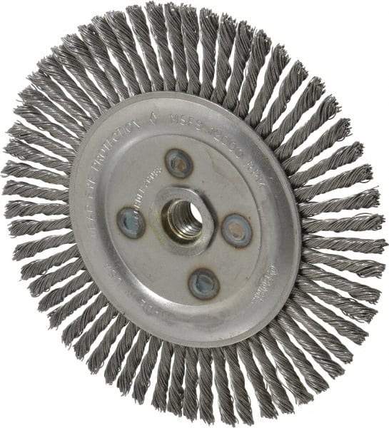 Osborn - 6-1/2" OD, 5/8-11 Arbor Hole, Knotted Steel Wheel Brush - 3/16" Face Width, 1-1/4" Trim Length, 0.02" Filament Diam, 12,000 RPM - Industrial Tool & Supply
