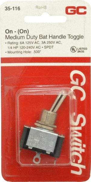 GC/Waldom - SPDT Medium Duty On-On Toggle Switch - Solder Lug Terminal, Bat Handle Actuator, 1/4 hp at 125/250 VAC hp, 125 VAC at 6 A & 250 VAC at 3 A - Industrial Tool & Supply
