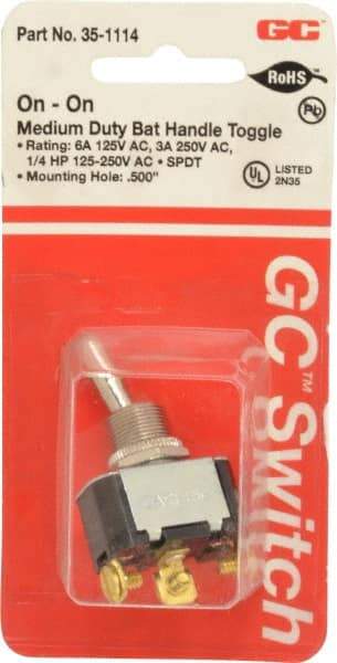GC/Waldom - SPDT Medium Duty On-On Toggle Switch - Screw Terminal, Bat Handle Actuator, 1/4 hp at 125/250 VAC hp, 125 VAC at 6 A & 250 VAC at 3 A - Industrial Tool & Supply