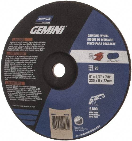 Norton - 24 Grit, 9" Wheel Diam, 1/4" Wheel Thickness, 7/8" Arbor Hole, Type 28 Depressed Center Wheel - Aluminum Oxide, 6,600 Max RPM, Compatible with Angle Grinder - Industrial Tool & Supply