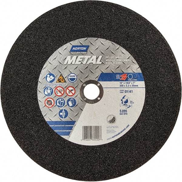Norton - 12" 36 Grit Aluminum Oxide Cutoff Wheel - 7/64" Thick, 1" Arbor, 5,095 Max RPM, Use with Chop Saws - Industrial Tool & Supply