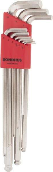 Bondhus - 9 Piece L-Key Ball End Hex Key Set - Hex Range 1.5 to 10mm, 11" OAL, Protanium High Torque Steel - Industrial Tool & Supply