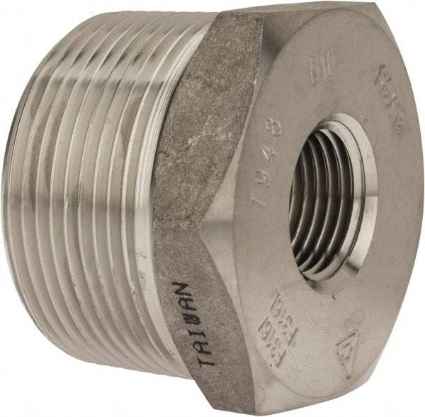 Merit Brass - 1-1/2 x 1/2" Grade 316/316L Stainless Steel Pipe Hex Bushing - MNPT x FNPT End Connections, 3,000 psi - Industrial Tool & Supply