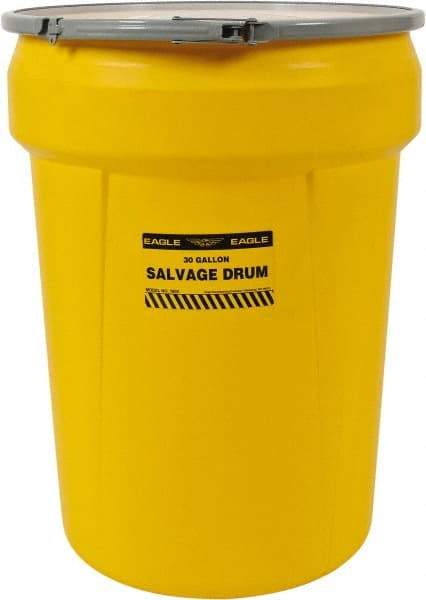 Eagle - 30 Gallon Capacity, Metal Lever Lock, Yellow Salvage Drum - 5 Gallon Container, Polyethylene, 220 Lb. Capacity, UN 1H2/X100/S Listing - Industrial Tool & Supply