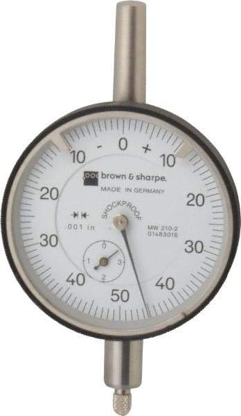TESA Brown & Sharpe - 0.35" Range, 0-50-0 Dial Reading, 0.001" Graduation Dial Drop Indicator - 2-1/4" Dial, 0.1" Range per Revolution, Revolution Counter - Industrial Tool & Supply