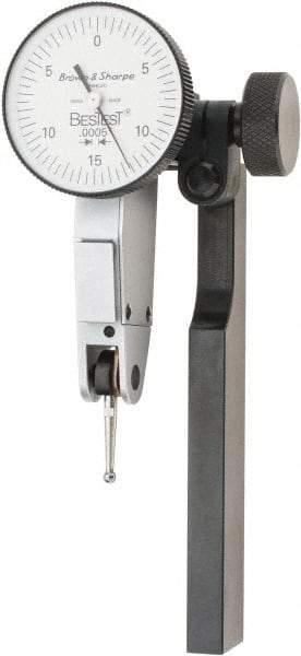 TESA Brown & Sharpe - 0.03 Inch Range, 0.0005 Inch Dial Graduation, Horizontal Dial Test Indicator - 1 Inch White Dial, 0-15-0 Dial Reading - Industrial Tool & Supply