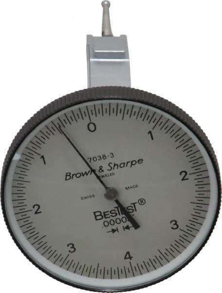 TESA Brown & Sharpe - 0.008 Inch Range, 0 Inch Dial Graduation, Vertical Dial Test Indicator - 1-1/2 Inch White Dial, 0-4-0 Dial Reading - Industrial Tool & Supply