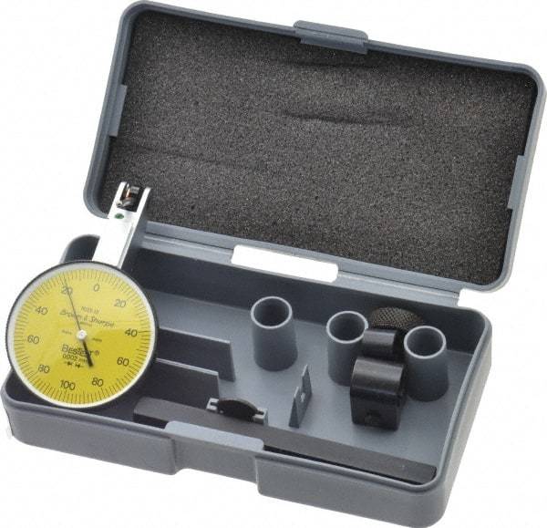 TESA Brown & Sharpe - 0.2 mm Range, 0.002 mm Dial Graduation, Horizontal Dial Test Indicator - 38 mm Yellow Dial, 0-100-0 Dial Reading, 0.002 mm - Industrial Tool & Supply