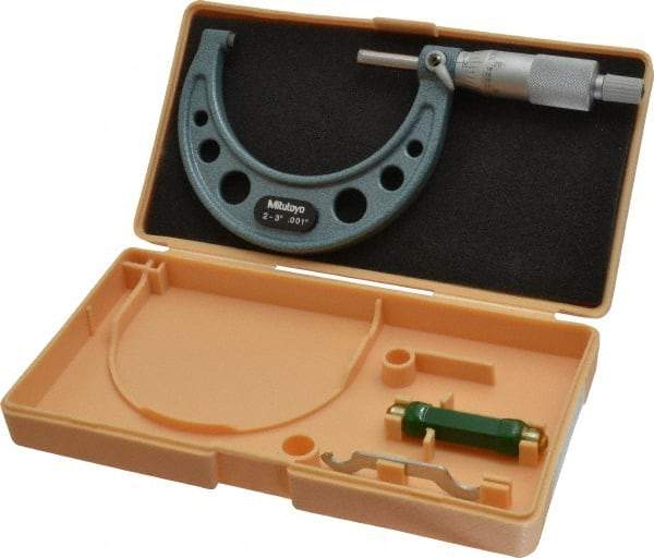 Mitutoyo - 2 to 3" Range, 0.001" Graduation, Mechanical Outside Micrometer - Ratchet Stop Thimble, Accurate to 0.0001" - Industrial Tool & Supply