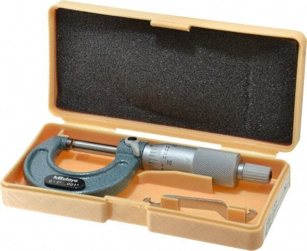 Mitutoyo - 0 to 1" Range, 0.001" Graduation, Mechanical Outside Micrometer - Ratchet Stop Thimble, Accurate to 0.0001" - Industrial Tool & Supply