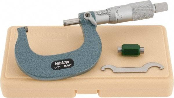 Mitutoyo - 1 to 2" Range, 0.0001" Graduation, Mechanical Outside Micrometer - Ratchet Stop Thimble, Accurate to 0.0001" - Industrial Tool & Supply