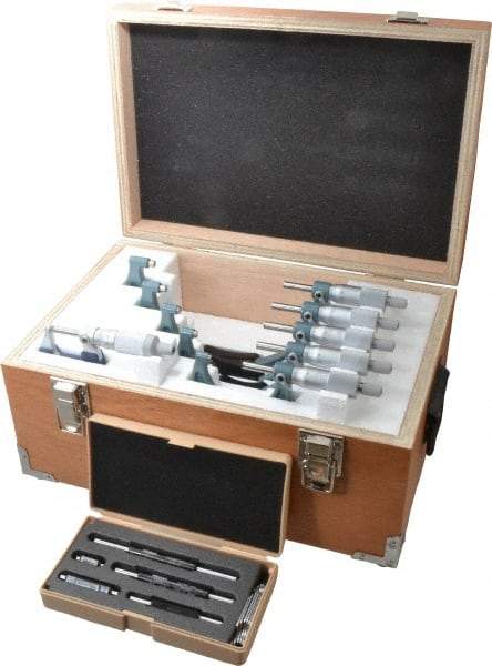 Mitutoyo - 0 to 150mm Range, 6 Piece Mechanical Outside Micrometer Set - 0.01mm Graduation, 2 (0 to 75), 3 (75 to 15)µ Accuracy, Ratchet (0 to 25mm), Ratchet Stop (25 to 150mm) Thimble, Carbide Tipped Face - Industrial Tool & Supply