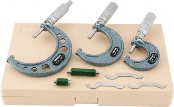 Mitutoyo - 0 to 3" Range, 3 Piece Mechanical Outside Micrometer Set - 0.0001" Graduation, 0.0001" Accuracy, Friction Thimble, Carbide Tipped Face - Industrial Tool & Supply