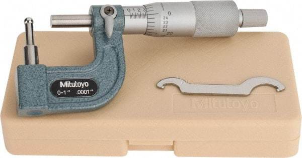 Mitutoyo - 1 Inch Measurement Range, 0.0001 Inch Graduation, Barrel Anvil, Ratchet Stop Thimble, Mechanical Tube Micrometer - Accurate Up to 0.0002 Inch, Carbide, Includes Plastic Case - Industrial Tool & Supply