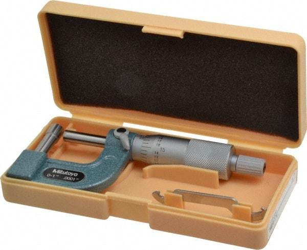Mitutoyo - 1 Inch Measurement Range, 0.0001 Inch Graduation, Barrel Anvil, Ratchet Stop Thimble, Mechanical Tube Micrometer - Accurate Up to 0.0002 Inch, Carbide, Includes Plastic Case - Industrial Tool & Supply