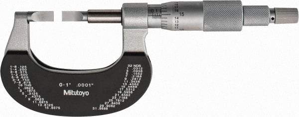 Mitutoyo - 0" to 1" Mechanical Satin Chrome Coated with Thermal Shield Blade Micrometer - 0.0002" Accuracy, 0.0001" Graduation, 0.75mm Blade Thickness, Ratchet Stop Thimble - Industrial Tool & Supply