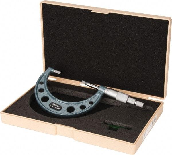 Mitutoyo - 2" to 3" Mechanical Hammertone Green Coated Blade Micrometer - 0.0002" Accuracy, 0.0001" Graduation, 0.75mm Blade Thickness, Ratchet Stop Thimble - Industrial Tool & Supply