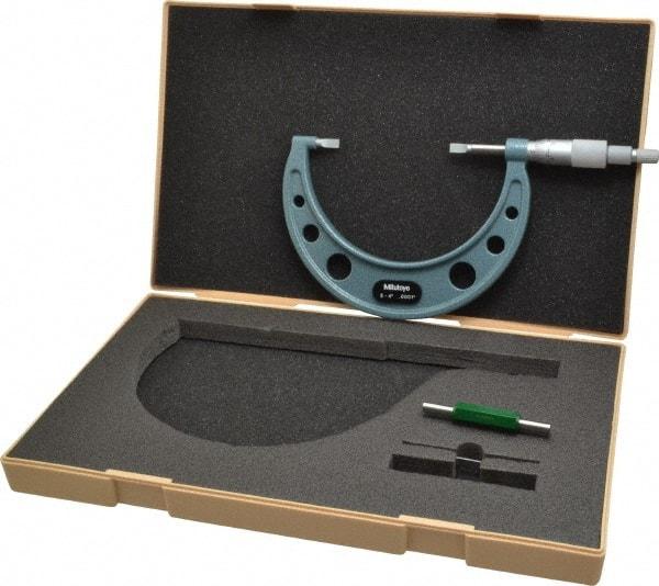 Mitutoyo - 3" to 4" Mechanical Hammertone Green Coated Blade Micrometer - 0.0002" Accuracy, 0.0001" Graduation, 0.75mm Blade Thickness, Ratchet Stop Thimble - Industrial Tool & Supply