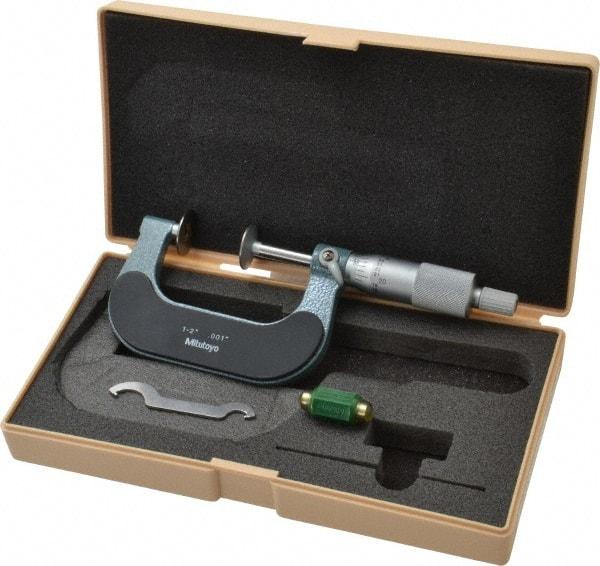 Mitutoyo - 1 to 2 Inch, 0.001 Inch Graduation, Ratchet Stop Thimble, Mechanical Disc Micrometer - 0.0002 Inch Accuracy, 20mm Disc, 6.35mm Spindle - Industrial Tool & Supply