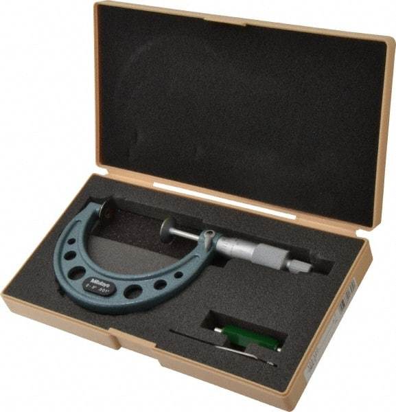 Mitutoyo - 2 to 3 Inch, 0.001 Inch Graduation, Ratchet Stop Thimble, Mechanical Disc Micrometer - 0.0003 Inch Accuracy, 20mm Disc, 6.35mm Spindle - Industrial Tool & Supply