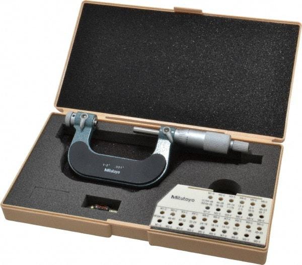 Mitutoyo - 1 to 2" Range, Mechanical Screw Thread Micrometer - Ratchet Stop Thimble, 0.001" Graduation, 0.0002" Accuracy - Industrial Tool & Supply